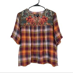 Johnny Was Workshop Plaid Embroidered Velvet Top Large Fall Autumn Harvest